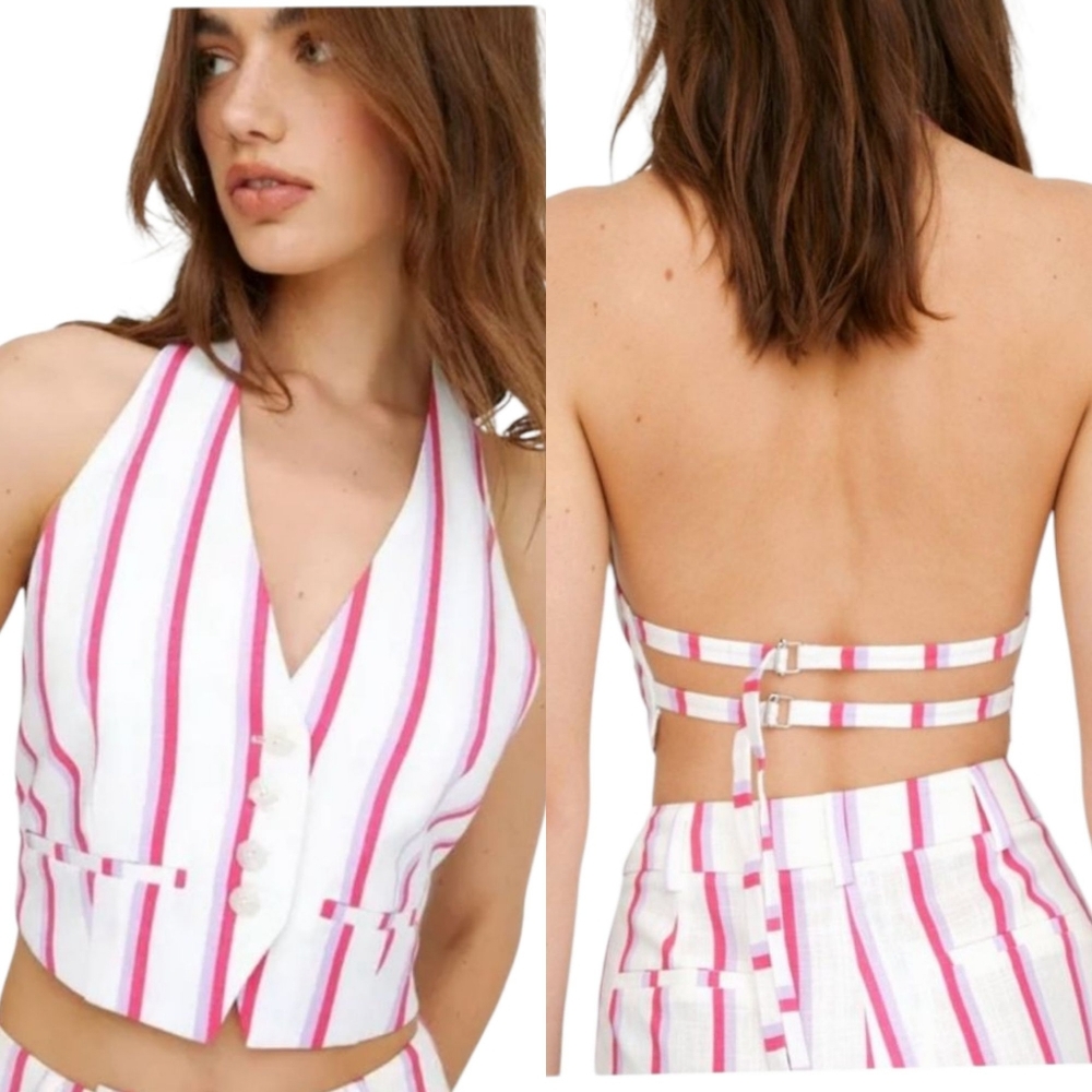 Nasty Gal Striped‎ Halter Neck Cropped Vest Top Pink White Open Back Size 6 NEW